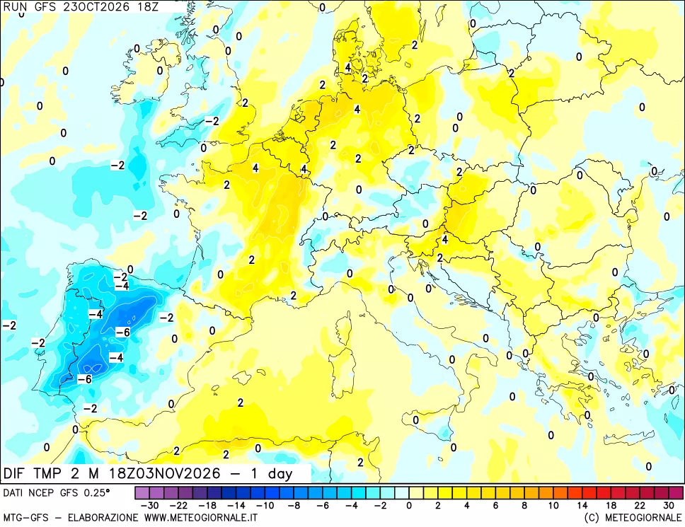 mappa Dif. Temp a 2 metri Valid - 1 day