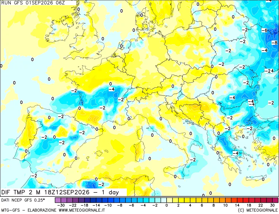 mappa Dif. Temp a 2 metri Valid - 1 day