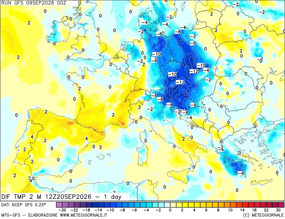 mappa Dif. Temp a 2 metri Valid - 1 day