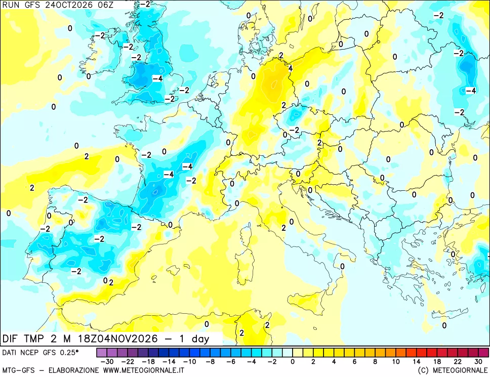 mappa Dif. Temp a 2 metri Valid - 1 day