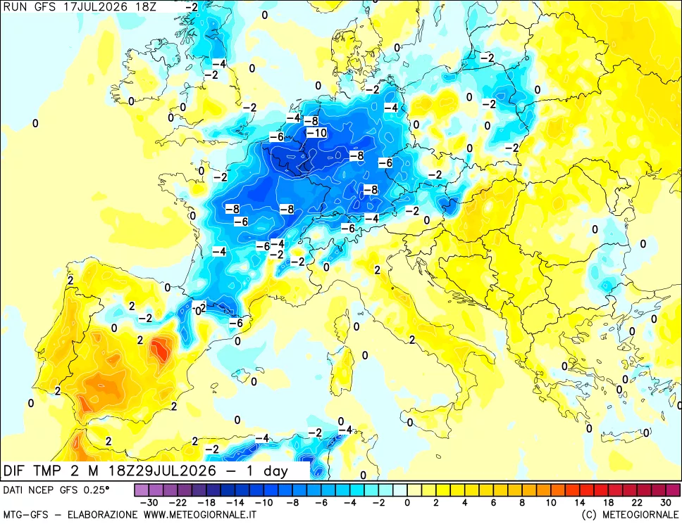 mappa Dif. Temp a 2 metri Valid - 1 day