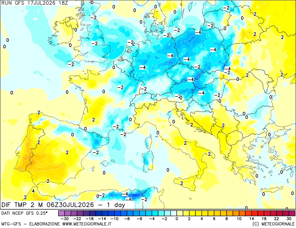 mappa Dif. Temp a 2 metri Valid - 1 day