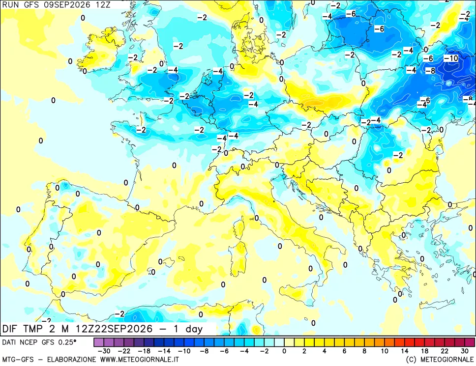 mappa Dif. Temp a 2 metri Valid - 1 day