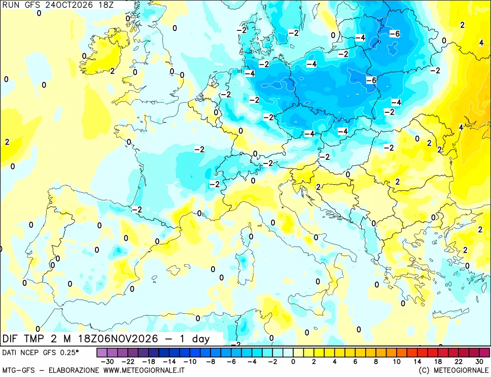 mappa Dif. Temp a 2 metri Valid - 1 day