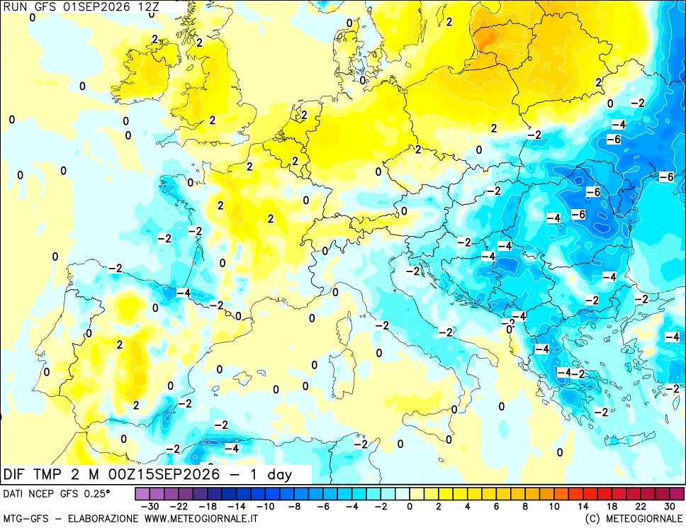 mappa Dif. Temp a 2 metri Valid - 1 day