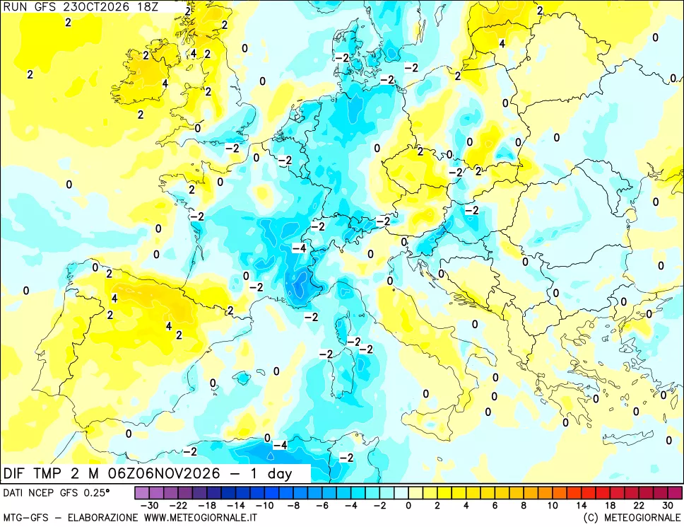 mappa Dif. Temp a 2 metri Valid - 1 day