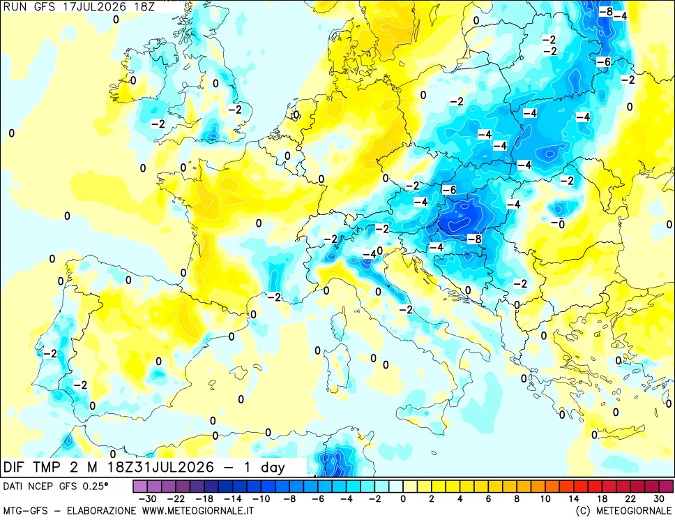 mappa Dif. Temp a 2 metri Valid - 1 day