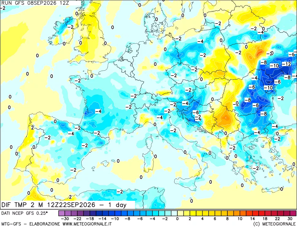 mappa Dif. Temp a 2 metri Valid - 1 day