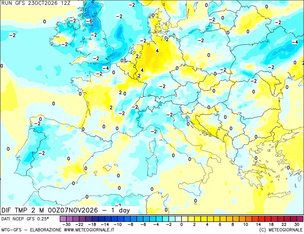 mappa Dif. Temp a 2 metri Valid - 1 day