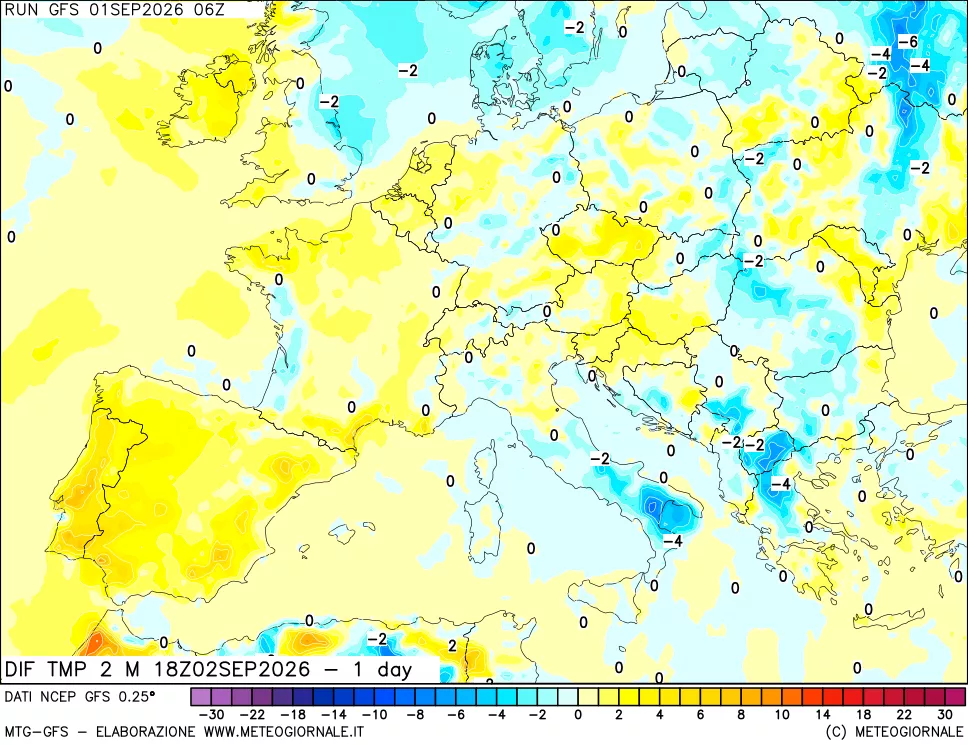 mappa Dif. Temp a 2 metri Valid - 1 day