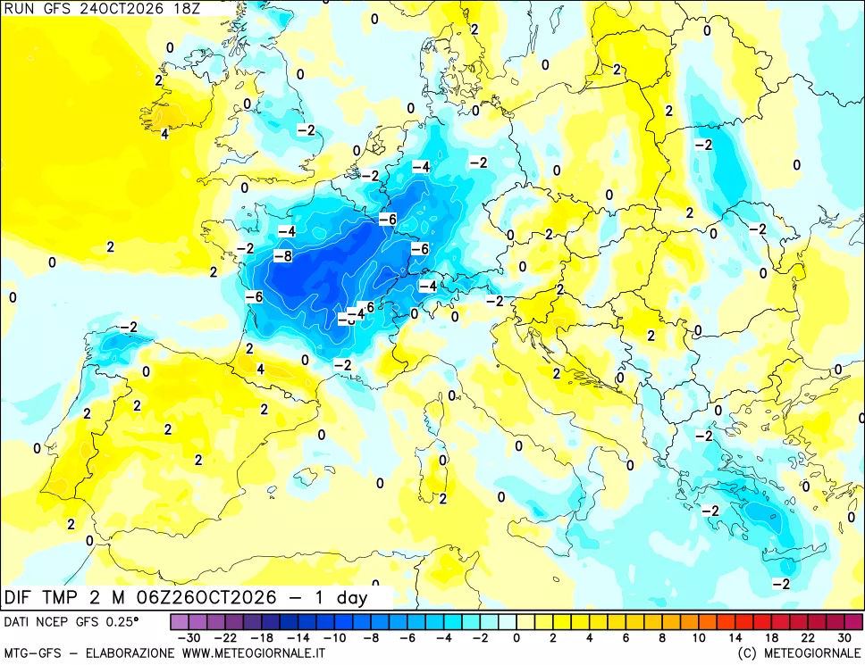 mappa Dif. Temp a 2 metri Valid - 1 day