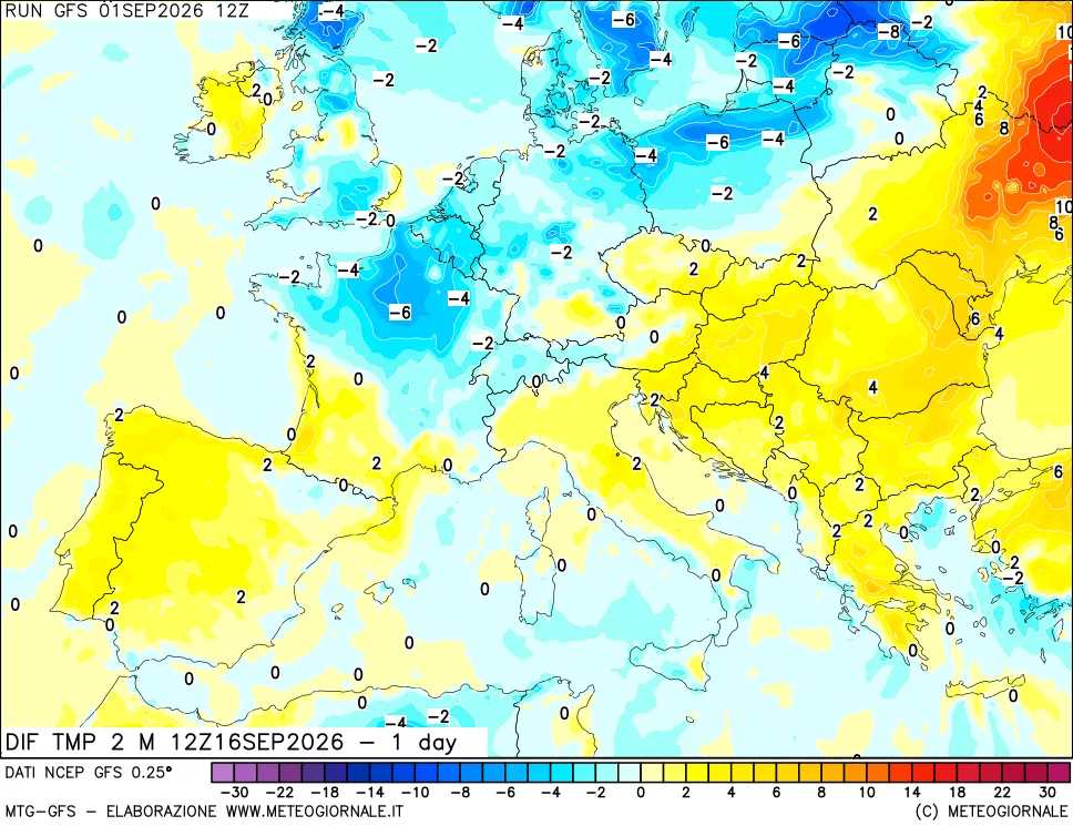 mappa Dif. Temp a 2 metri Valid - 1 day