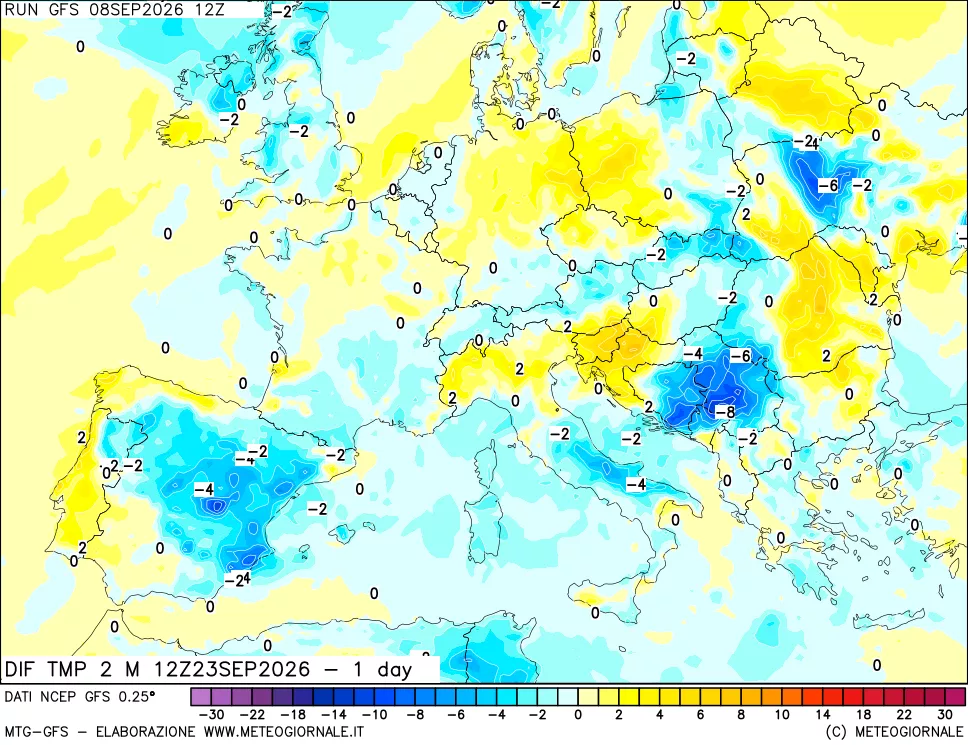 mappa Dif. Temp a 2 metri Valid - 1 day