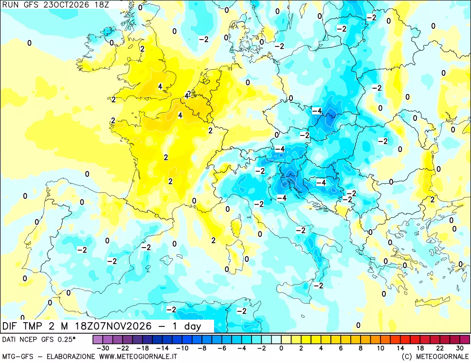 mappa Dif. Temp a 2 metri Valid - 1 day
