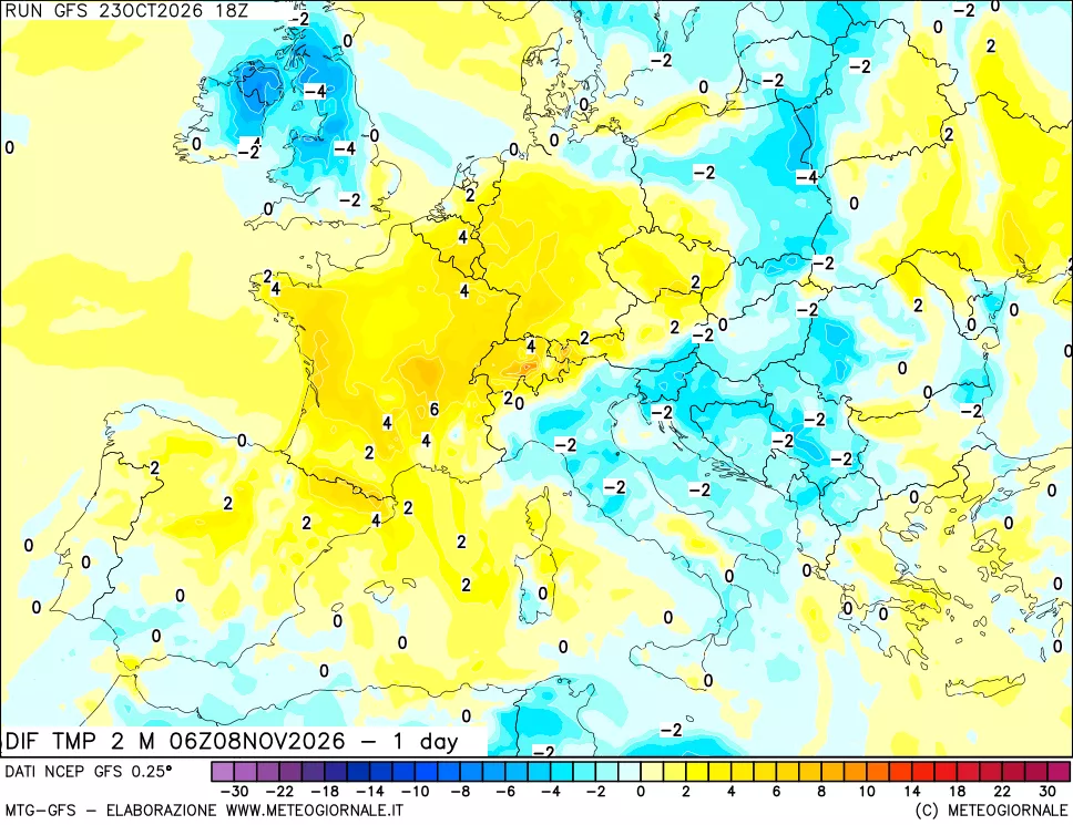 mappa Dif. Temp a 2 metri Valid - 1 day