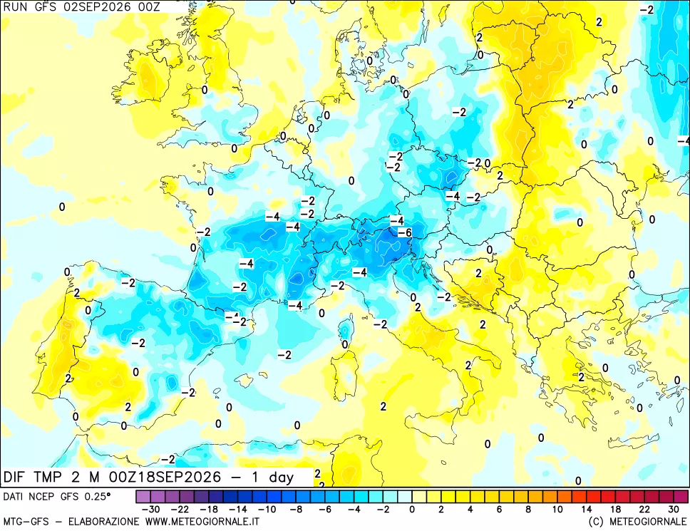 mappa Dif. Temp a 2 metri Valid - 1 day