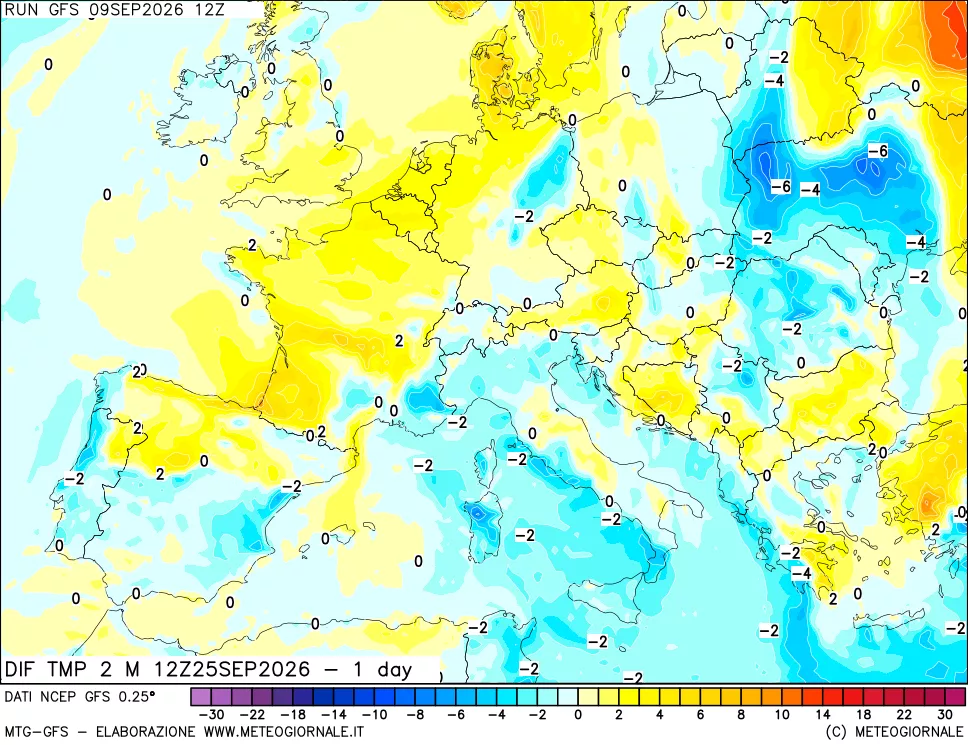 mappa Dif. Temp a 2 metri Valid - 1 day