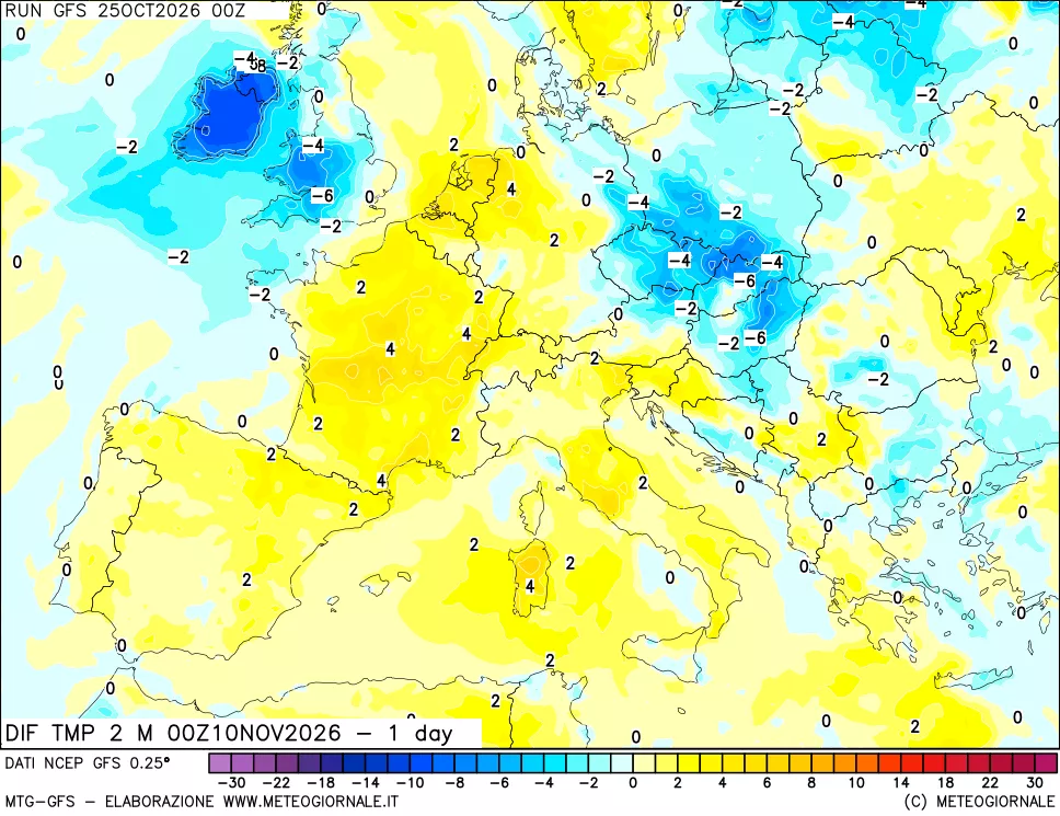 mappa Dif. Temp a 2 metri Valid - 1 day