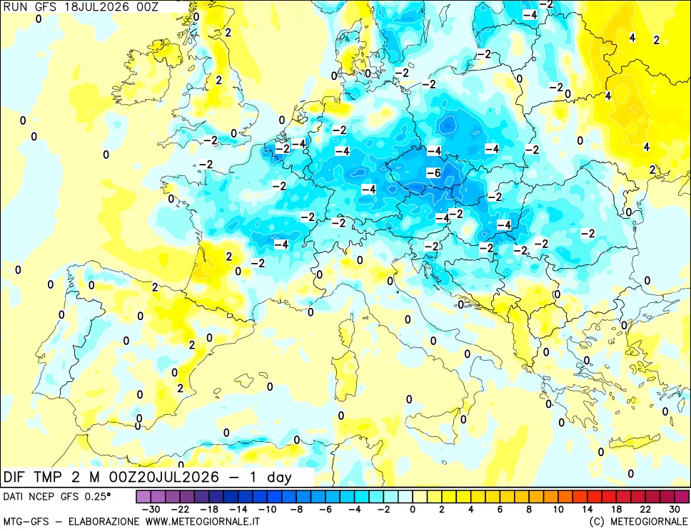 mappa Dif. Temp a 2 metri Valid - 1 day