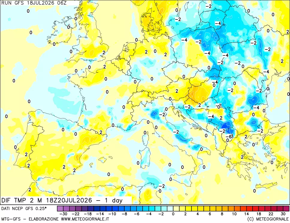 mappa Dif. Temp a 2 metri Valid - 1 day