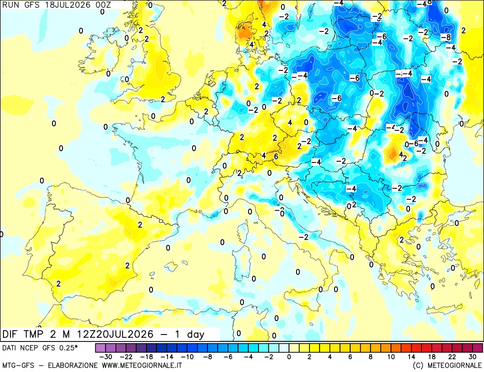 mappa Dif. Temp a 2 metri Valid - 1 day