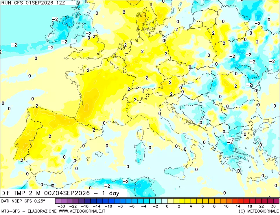 mappa Dif. Temp a 2 metri Valid - 1 day