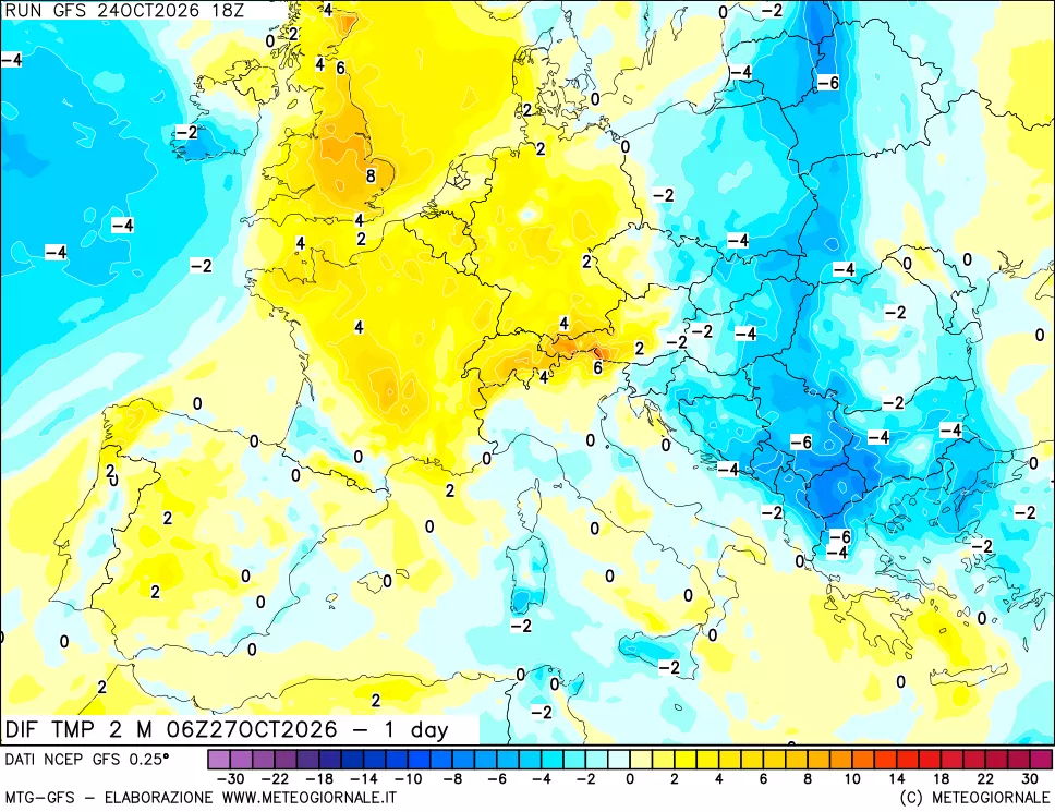 mappa Dif. Temp a 2 metri Valid - 1 day