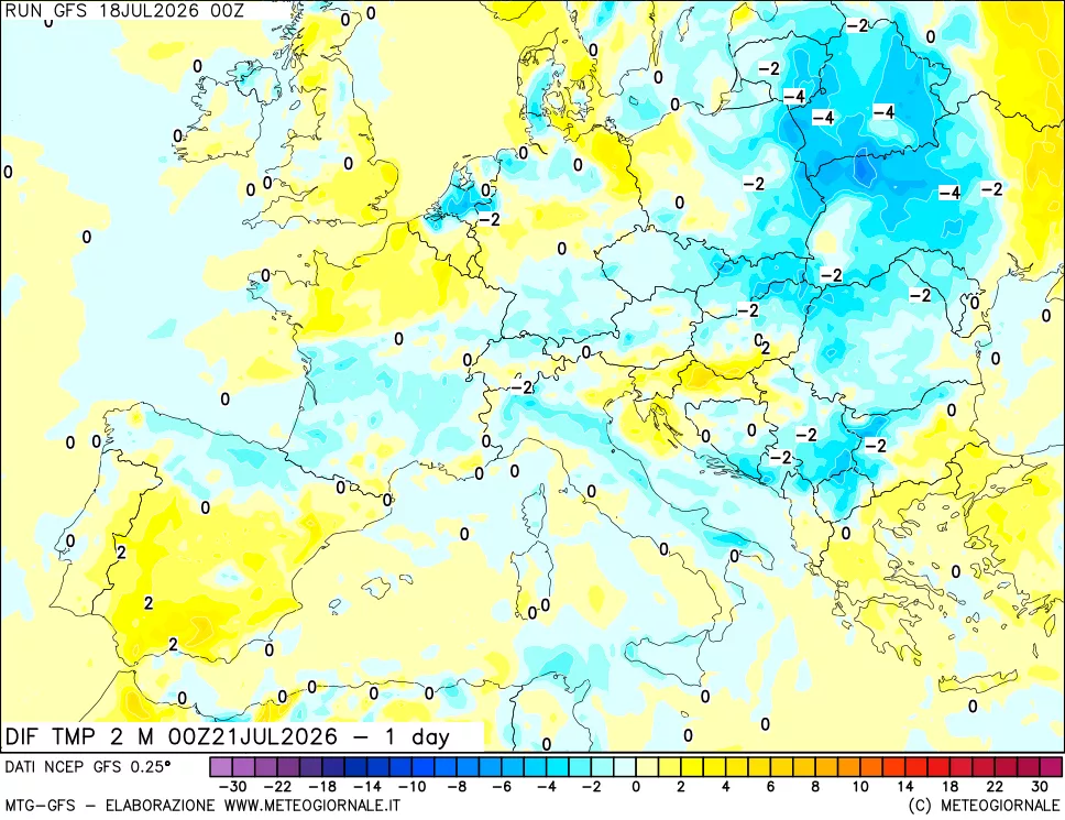 mappa Dif. Temp a 2 metri Valid - 1 day