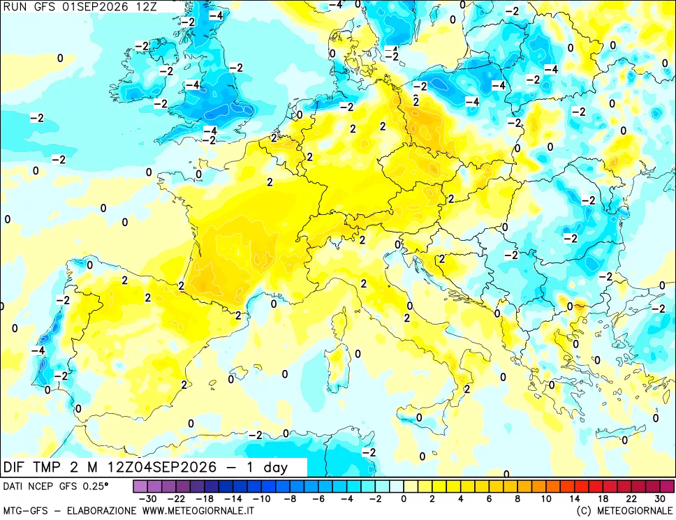 mappa Dif. Temp a 2 metri Valid - 1 day