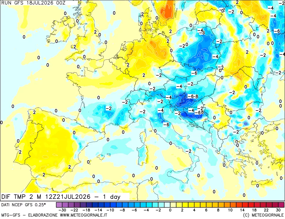 mappa Dif. Temp a 2 metri Valid - 1 day