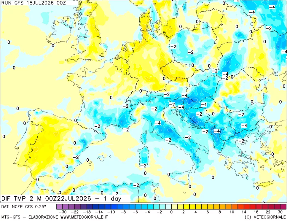 mappa Dif. Temp a 2 metri Valid - 1 day