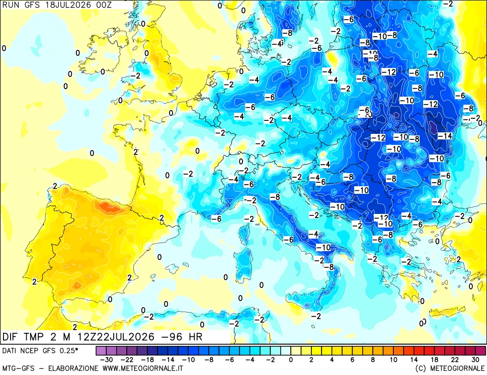 mappa Dif. Temp a 2 metri Valid - Init