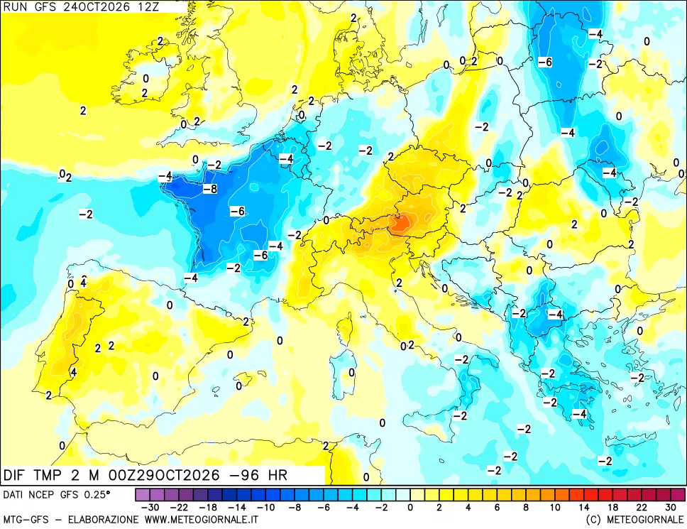 mappa Dif. Temp a 2 metri Valid - Init