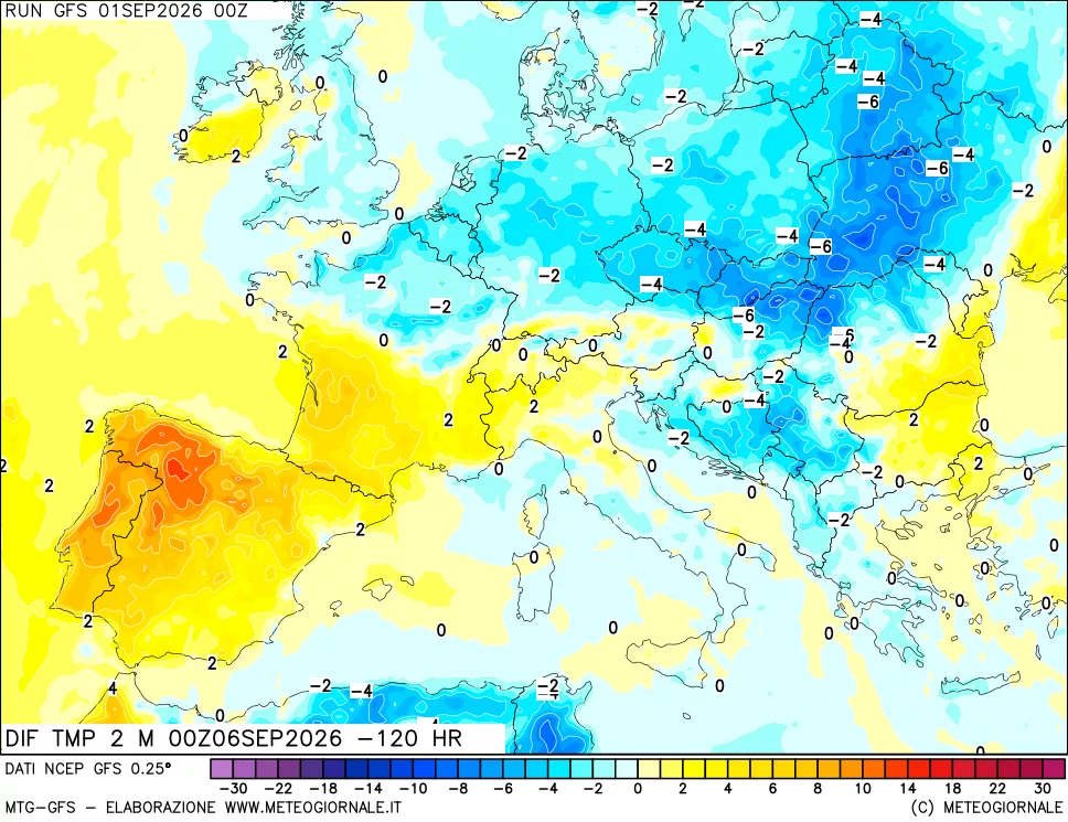 mappa Dif. Temp a 2 metri Valid - Init
