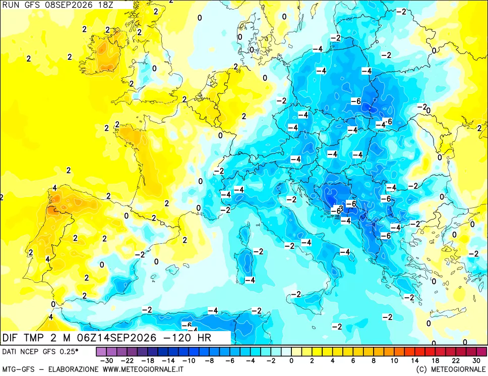 mappa Dif. Temp a 2 metri Valid - Init