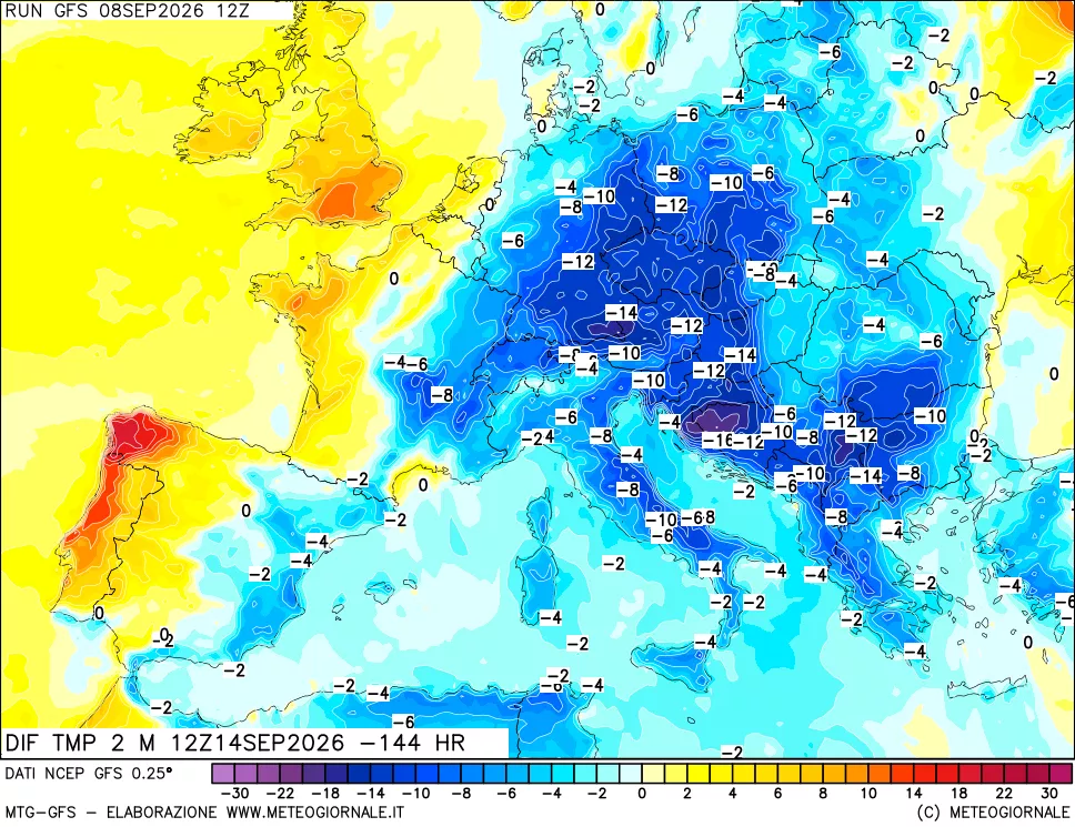 mappa Dif. Temp a 2 metri Valid - Init