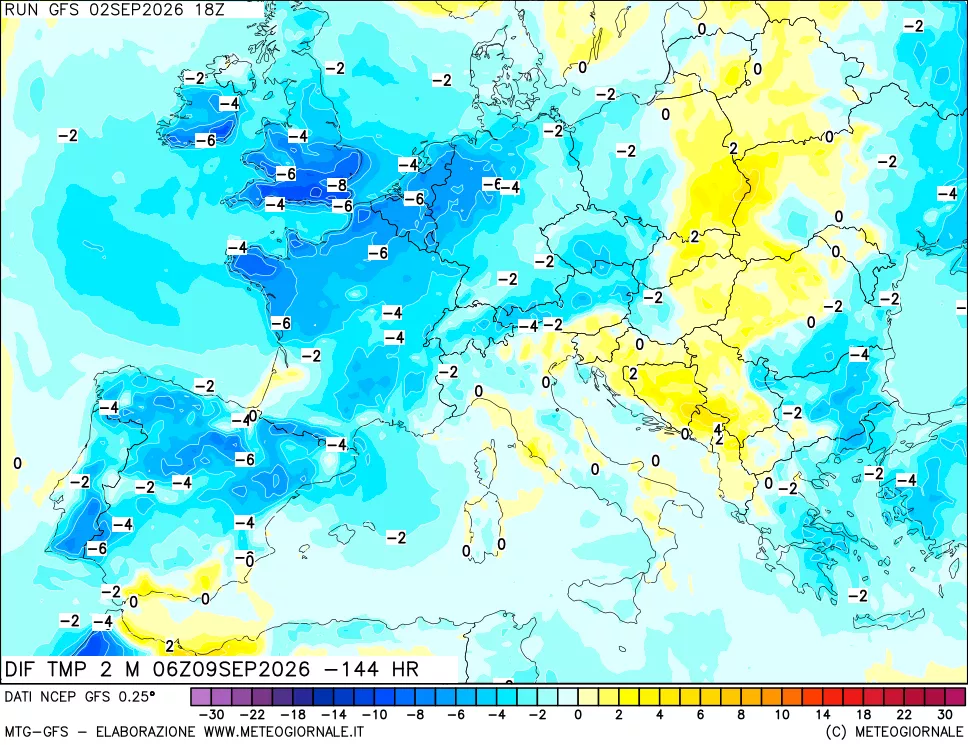 mappa Dif. Temp a 2 metri Valid - Init