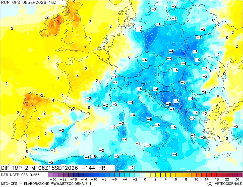 mappa Dif. Temp a 2 metri Valid - Init