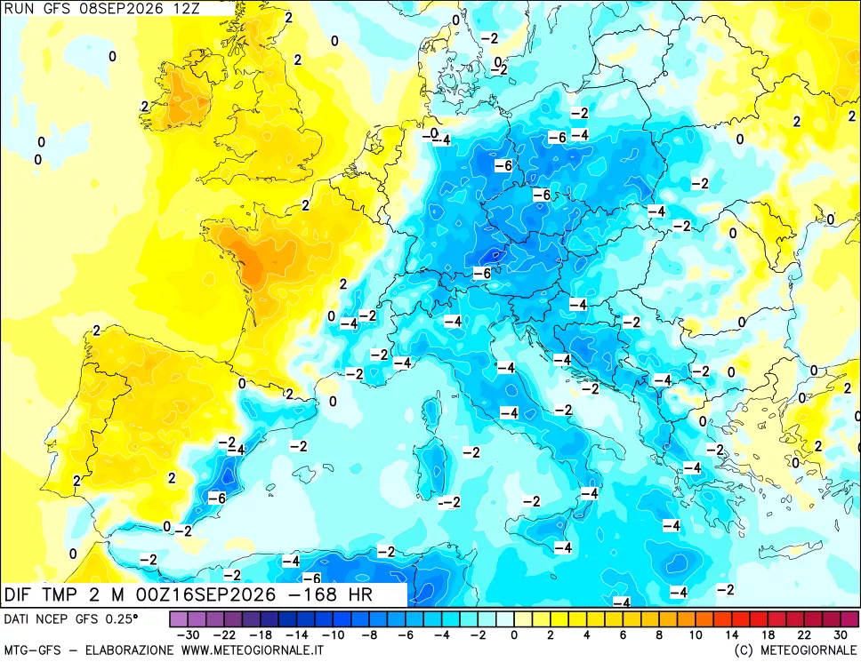 mappa Dif. Temp a 2 metri Valid - Init