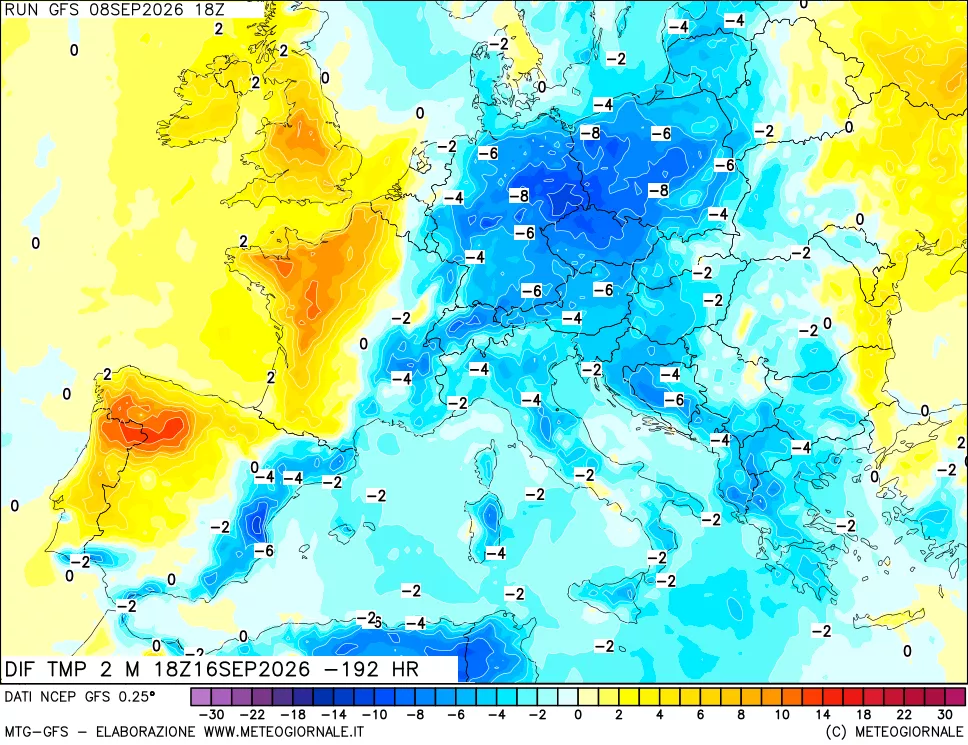 mappa Dif. Temp a 2 metri Valid - Init