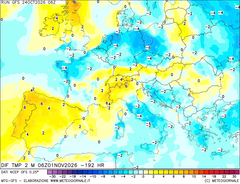 mappa Dif. Temp a 2 metri Valid - Init