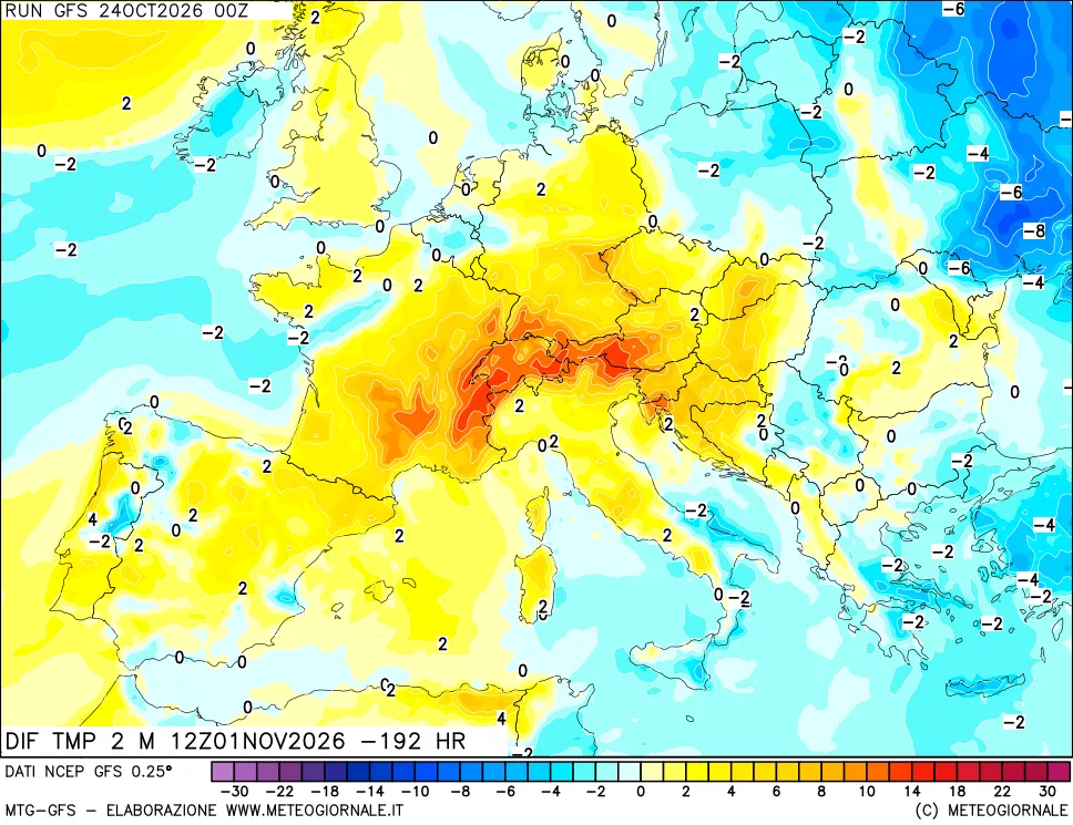 mappa Dif. Temp a 2 metri Valid - Init