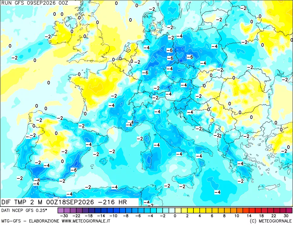 mappa Dif. Temp a 2 metri Valid - Init