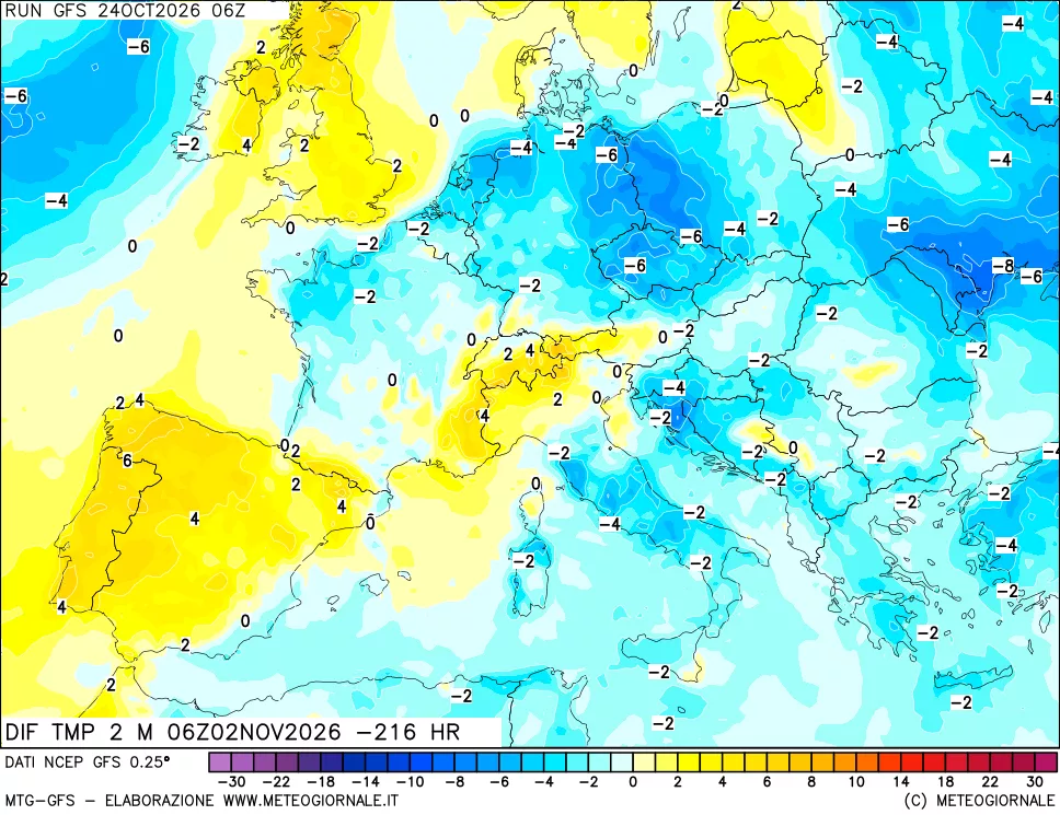 mappa Dif. Temp a 2 metri Valid - Init