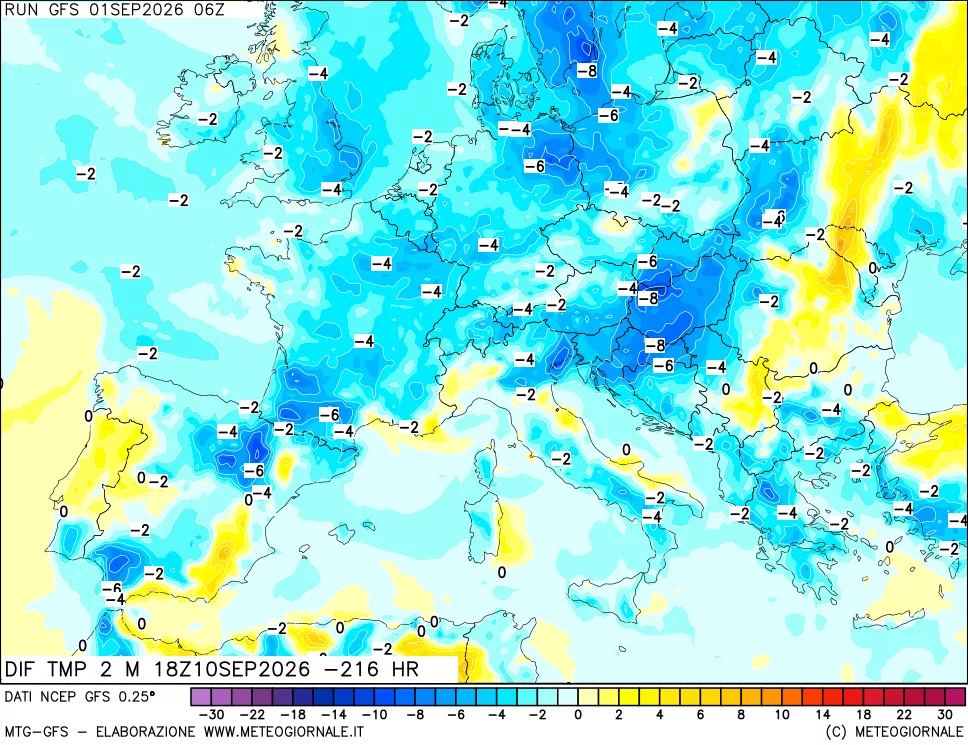 mappa Dif. Temp a 2 metri Valid - Init