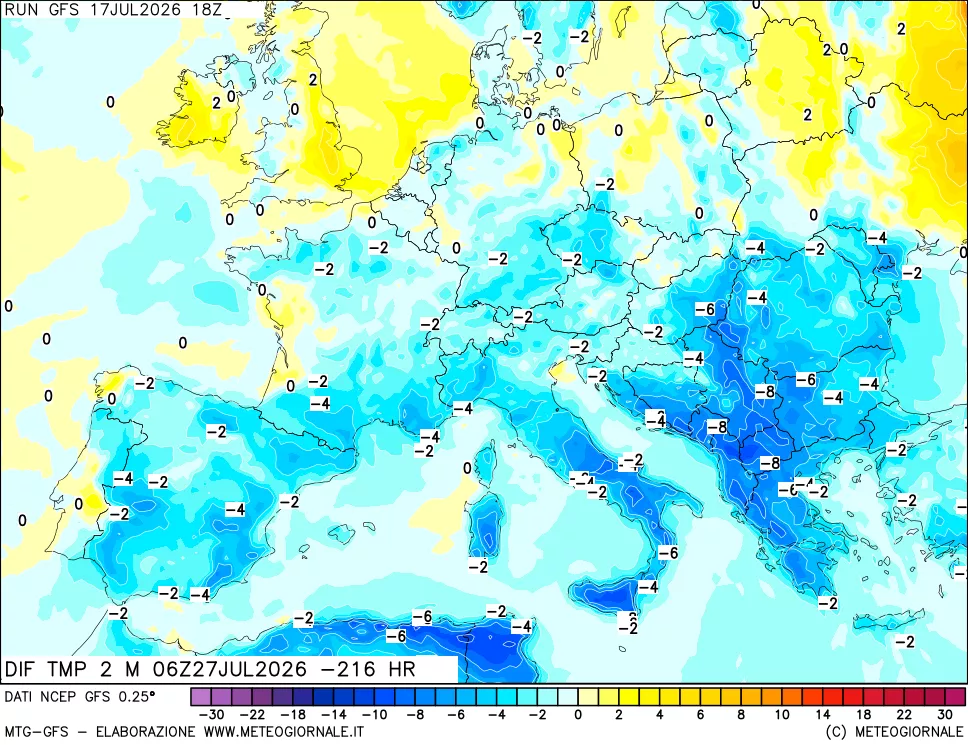 mappa Dif. Temp a 2 metri Valid - Init