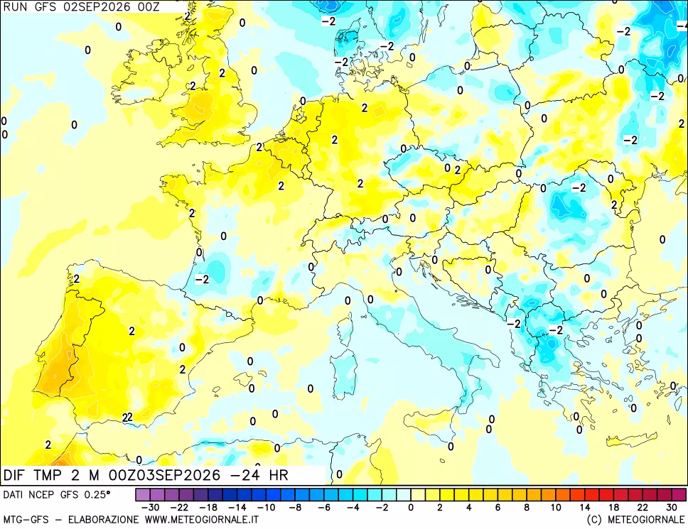 mappa Dif. Temp a 2 metri Valid - Init
