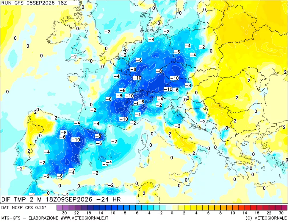 mappa Dif. Temp a 2 metri Valid - Init