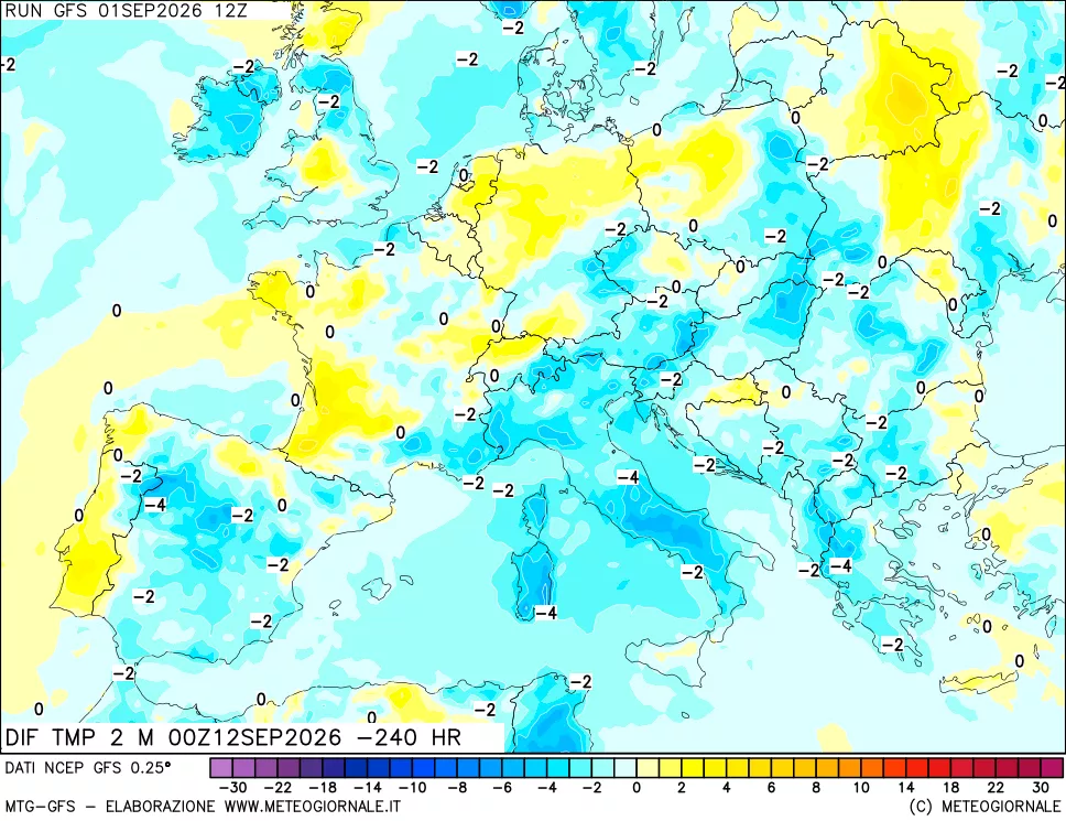mappa Dif. Temp a 2 metri Valid - Init