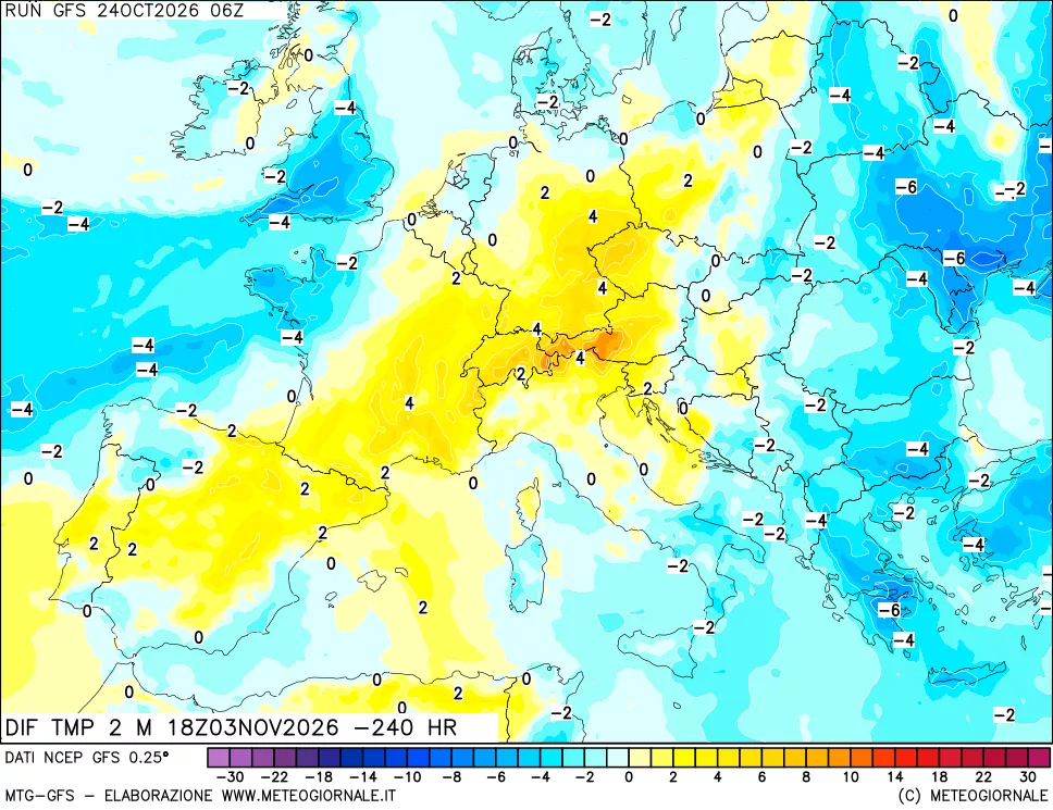 mappa Dif. Temp a 2 metri Valid - Init
